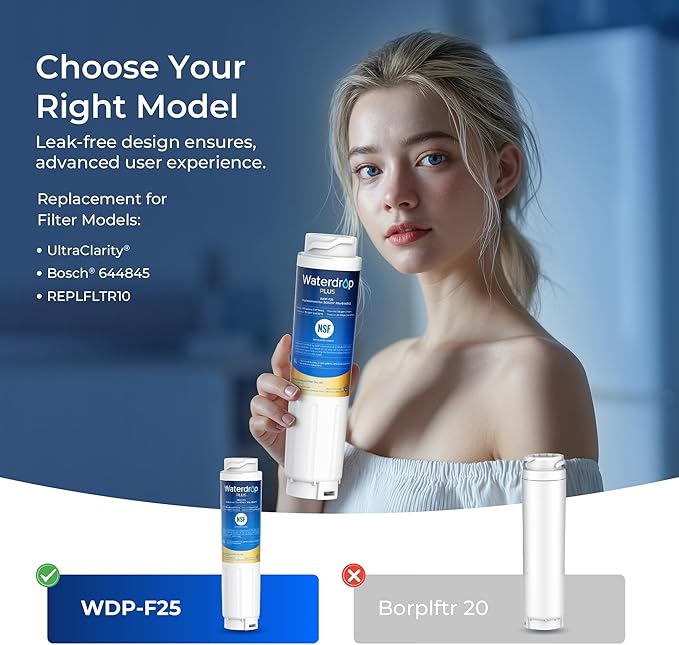 Waterdrop Plus 644845 NSF 401&53&42 Certified Refrigerator Water Filter, 𝐑𝐞𝐝𝐮𝐜𝐢𝐧𝐠 lead and 𝐏𝐅𝐀𝐒, Replacement for Bosch® 11034152, 9000077104, UltraClarity® REPLFLTR10, 3 Filters - AquaVibe