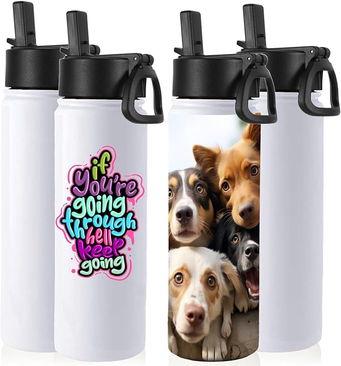 Volhoply Sublimation Insulated Water Bottles Blank Bulk 4 Pack, 22 oz Stainless Steel Sports Bottle with Straw, Double Walled Vacuum Metal Water Flask with Wide Mouth(Sublimation,4 Set)