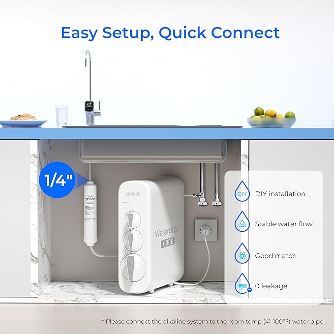 Waterdrop 𝐀𝐥𝐤𝐚𝐥𝐢𝐧𝐞 Water Filter WD-ALK35, Alkaline Filter for Reverse Osmosis System, pH Balance and Restore Minerals for RO Alkaline Filter, Under Sink Water Filter, 1/4" Quick Connect