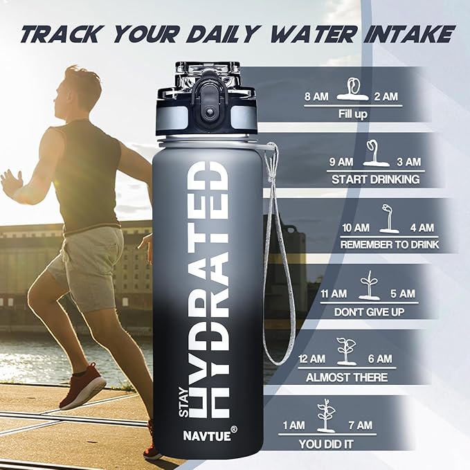 Water Bottle, 16oz Sports Water Bottles with Time Marker Wide Mouth, Motivational and Leakproof Drink Bottle, BPA Free Tritan with Carry Strap for Gym Fitness Outdoor(1 Bottle)