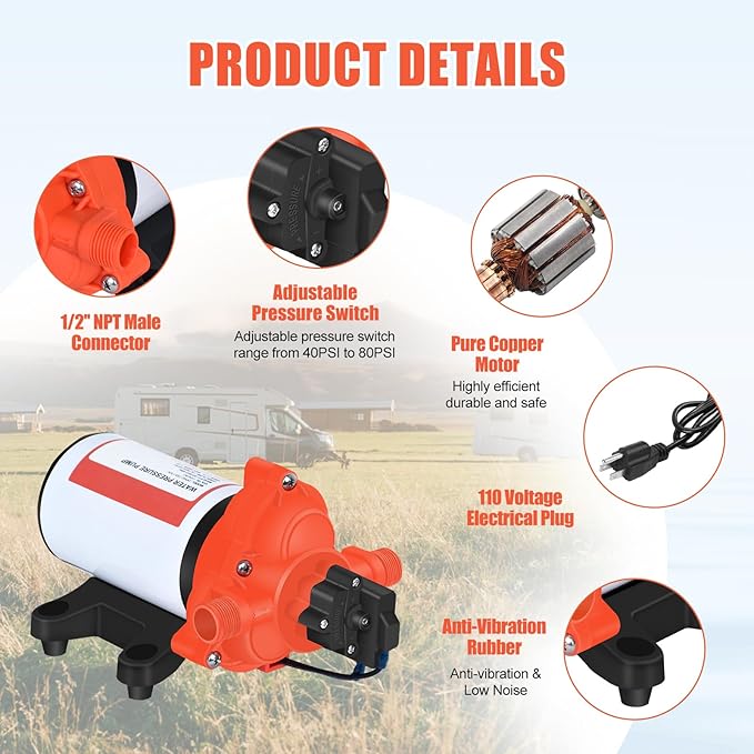 110V Water Pressure Pump 4.0GPM 50PSI AC Power On Demand Electric Self-Priming Water Transfer Diaphragm Pump Include 3/4" Garden Hose Adapters for Home Kitchen Bathroom Irrigation Camper Industrial