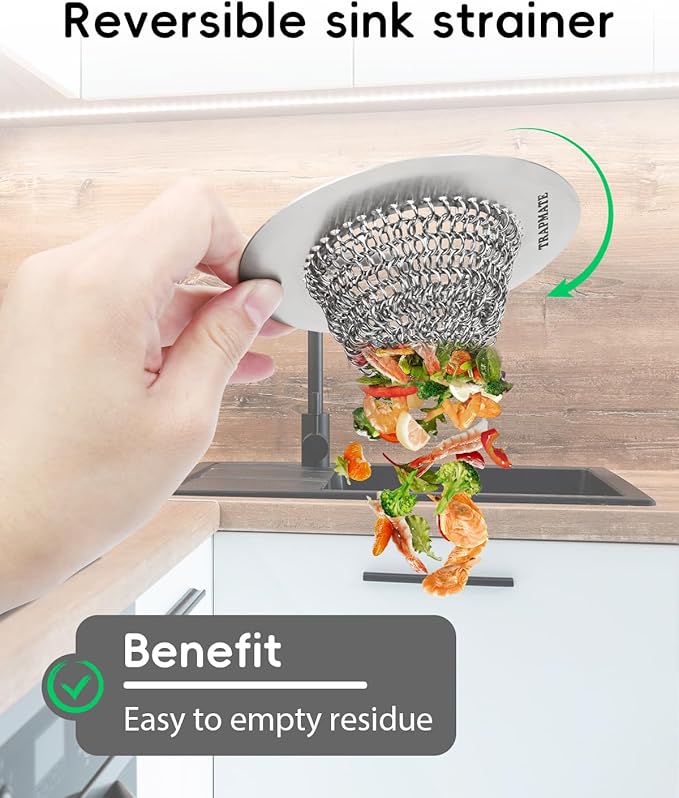 TRAPMATE 2 Pcs Kitchen Sink Strainer, Easy Clean Sink Drain Strainer, Anti-Rust Stainless Steel Sink Strainer, Anti-Clogging Strainer for Garbage Disposal, Dishwasher Safe (Patented Product)
