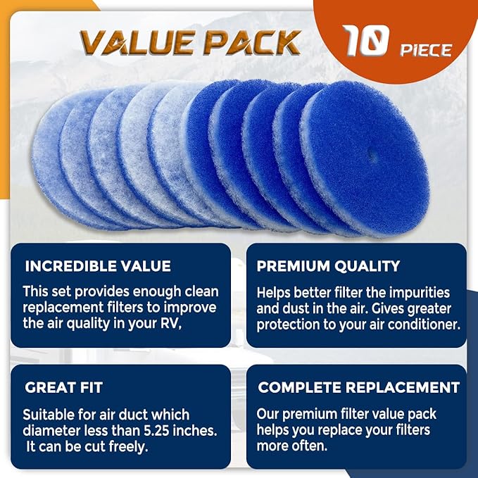 10 Pack RV Air Conditioner Filter 5.25” Round RV AC Filters Replacement with Central Hole MERV 8 Rated RV Vent Filters - AquaVibe