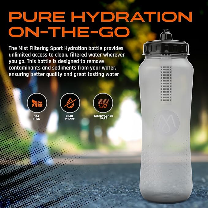 Mist Sports Squeeze Water Bottle with Built-In Filter for Pure Water, Lightweight and Easy Grip Squeeze Water Bottles Sports Quality, Leak Proof & BPA Free Athletic Water Bottle Squirt Top, Black
