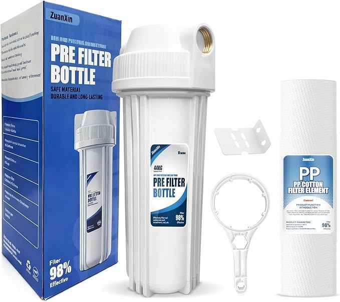 Whole House Water Filter Housing, Fit 10"x2.5" Sediment etc Filters for Well and City Water, Pre-Filtration System for Home, 3/4" Brass Port, Heavy Duty Steel Bracket, 4 Screws, Wrench, 1 Pp Cotton