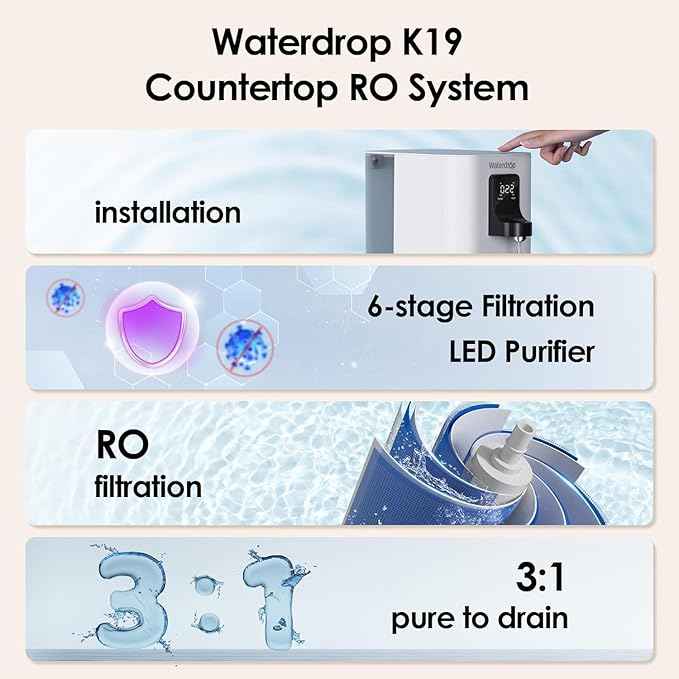 Waterdrop K19-S Countertop Reverse Osmosis System, 4 Stage Reverse Osmosis Water Filter Countertop, 3:1 Pure to Drain, Reduce PFAS, No Installation Required, BPA Free