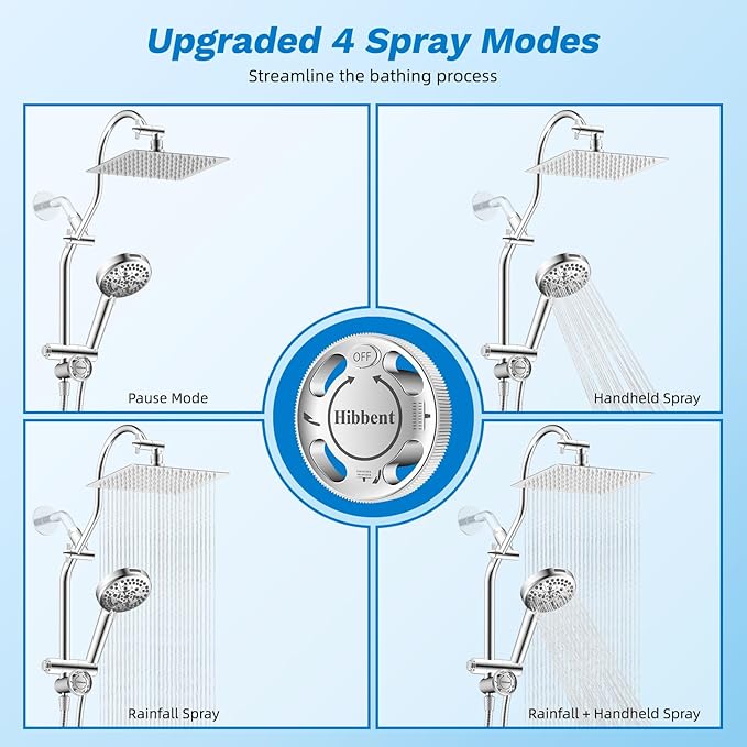 Hibbent cUPC Certified All Metal 8" Rainfall Showerhead Combo, High Pressure Shower Head with 10-Spray Mode Handheld, Innovative 4-way Diverter with Pause Mode, 71'' Shower Hose and Holder, Chrome