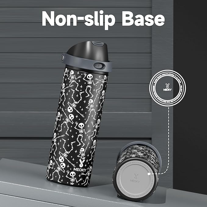 24 oz Insulated Water Bottle with Straw: Meoky Stainless Steel Water Bottle with 2-in-1 Straw Lid - Leak Proof, Cold for 24 Hours, Protective Silicone Base, BPA-Free for Travel Gym, Pop Skull