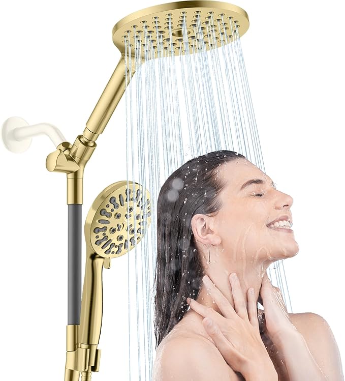 HOWUWEY Dual Shower Heads with Handheld Spray Combo, 7.5" High Pressure Rainfall Showerhead, Double Shower Heads with Handheld Spray, 9 Modes Hand Showerhead with 79" Hose (Standard, Brushed Gold)