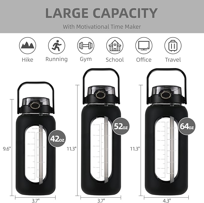 SIEROZUR 64 oz Glass Water Bottle with Straw and Handle Lid Half Gallon Motivational Glass Bottle with Silicone Sleeve and Time Marker Large Reusable Sports Water Jug for Gym Home Workout