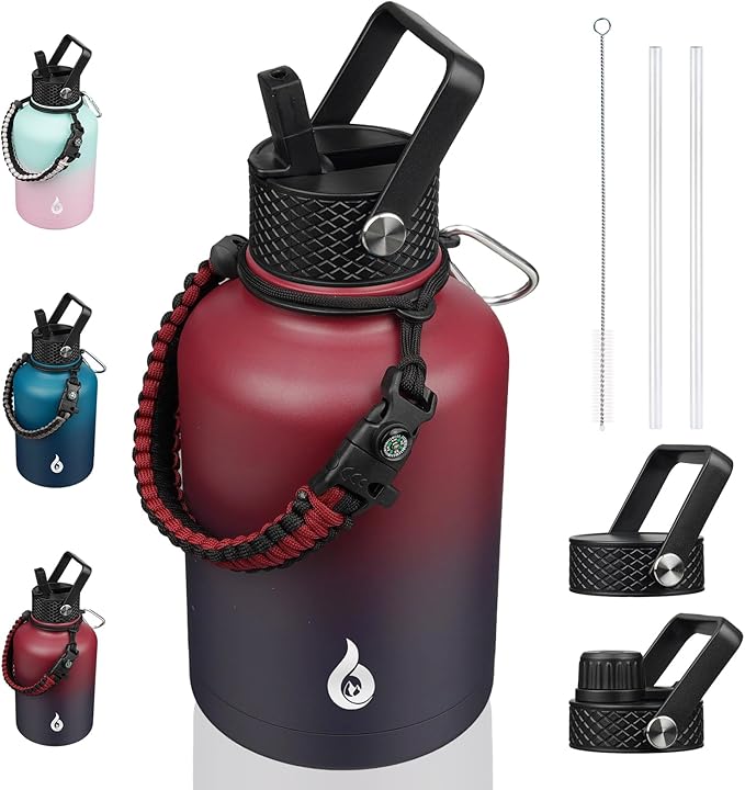 BJPKPK Insulated Water Bottles with Straw Lid, 50oz Large Water Bottle with 3 Lids and Paracord Strap, Stainless Steel Metal Water Bottle, Insulated Water Jug,Charming Red