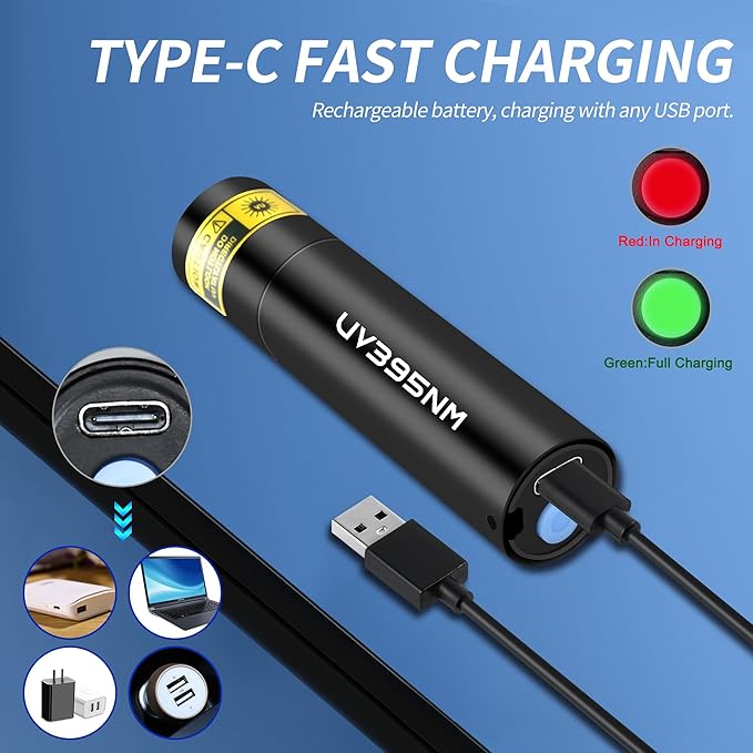 UV Flashlight Rechargeable 365nm & 395nm Black Light for Pet Urine Detection, USB Portable Blacklight Mini Powerful Woods Lamp LED ultra violet Flashlights uv for Resin Curing, Leak Detection, Travel