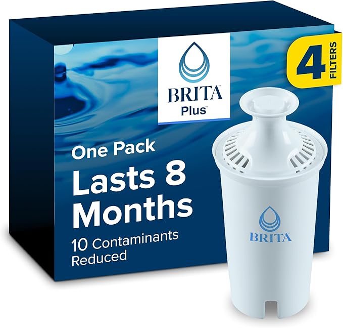 Brita Plus Water Filter, BPA-Free, High-Density Replacement Filter for Pitchers and Dispensers, Reduces 2x Contaminants*, Lasts Two Months or 40 Gallons, Includes 4 Filters (Pack of 6)