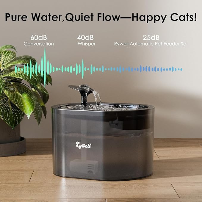 Automatic Cat Feeder and Water Fountain, Rywell 3L WiFi Timed Pet Food Dispenser and 2.5L Water Dispenser with APP for Cats and Dogs, Voice Recorder, Stainless Steel Bowl, Low Noise, Dual Power Supply