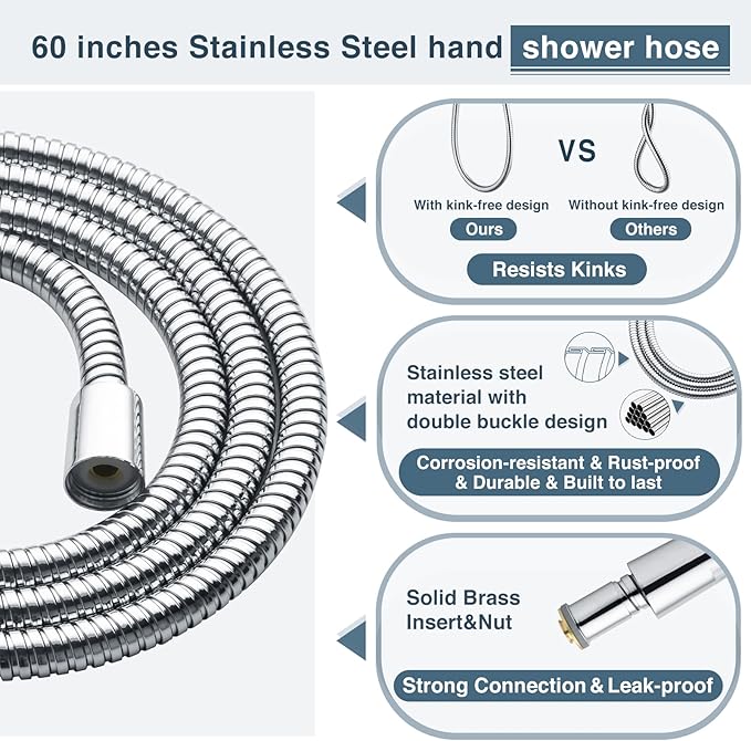 BRIGHT SHOWERS 9 Spray Settings Shower Head with Handheld High Pressure Hand Held Showerhead with 60 Inch Stainless Steel Hose and Adjustable Overhead Bracket, Chrome - AquaVibe