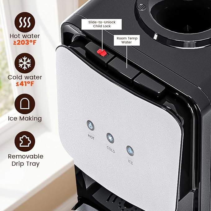 4 in 1 Water Cooler Dispenser with Ice Maker, Hot & Cold Water Dispenser for Home & Office, 33lbs/24H Bullet Ice, Top Loading 3-5 Gallon, Child Safety Lock, Ice Ready in 7 Min (Black -Silver)