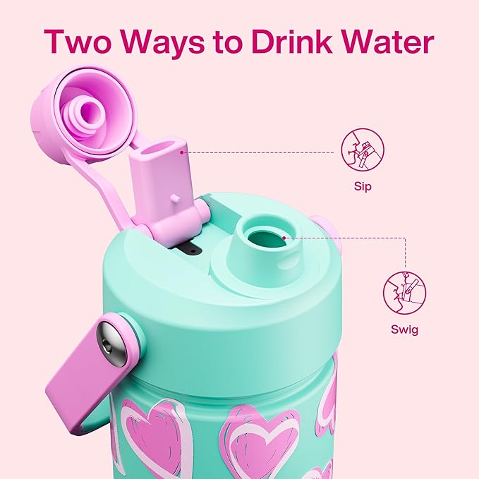 ENCOOL Valentine's Day Insulated Water Bottle with Straw Stainless Steel Water Bottle, Leak-Proof, BPA-Free, Keeps Cold for 24 Hours for Sports, Travel, School (26 oz, Sketch Hearts Violet x Mint)