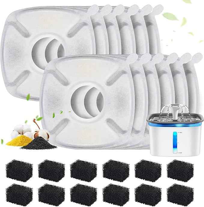 24 Pcs Cat Water Fountain Replacement Filters, Compatible with Veken 95oz/2.8L Automatic Pet Fountain - 12 Pack Water Fountain Filters & 12 Pack Pre-Filter Sponges