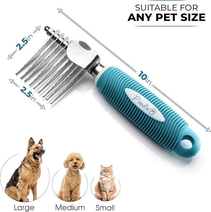 Poodle Dematting Fur Rake Comb Brush for Dogs and Cats - Long 2.5" Steel Safety Blades Metal Comb for Detangling Matted or Knotted Undercoat Hair - AquaVibe