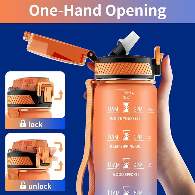 Water Bottle with Straw, 32oz Motivational Water Bottles with Time Marker to Drink, Tritan BPA Free, 1L Sports Water Bottle with Carry Strap LeakProof for Women Gym Fitness Outdoor (1 Pack)