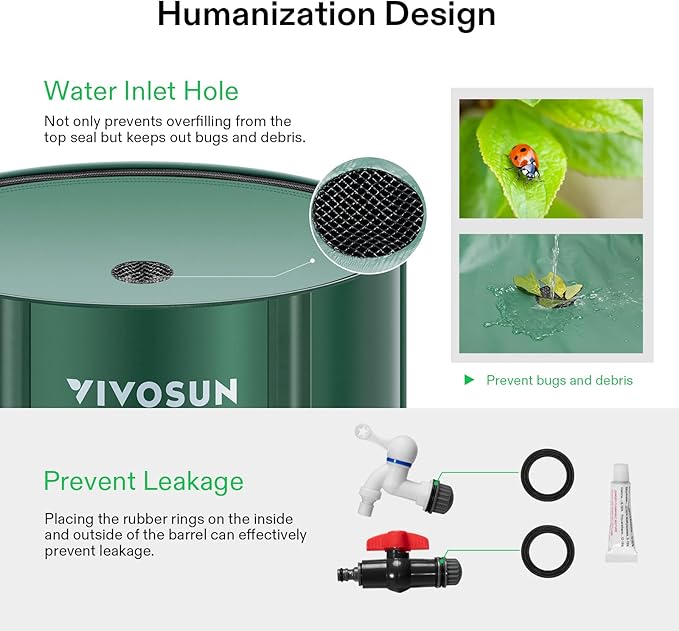 VIVOSUN Collapsible Rain Barrel, 132 Gallon Water Storage Tank with 1000D Oxford Cloth, Portable Rain Collection System Includes Two Spigots and Overflow Kit, Green
