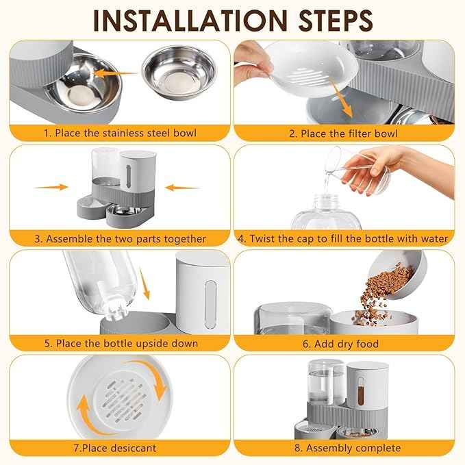 Automatic Gravity Cat Dog Feeder and Water Dispenser with 304 Stainless Steel Bowls 2 in 1 360 Degree Rotatable Auto 2.4L Dry Food and 2.6L Water Bowl for Small Medium Pet Dog Puppy Kitten (Gray)
