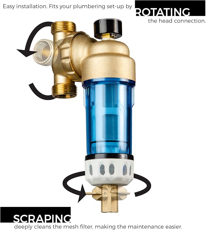 iSpring WSP100GR Reusable Spin Down Sediment Water Filter 100 Micron with Built-in Housing Scraper, 360° Rotatable Head, Pressure Gauge, Blue