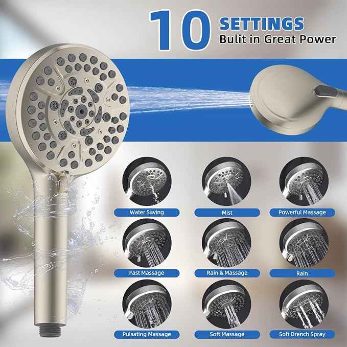 All Metal Shower Head, 10" High Pressure Rainfall/Handheld Shower Combo with 11" Extension Arm, 10-Spray Handheld Showerhead, 71" Long Hose, 3-Way Diverter Valve, Brushed Nickel