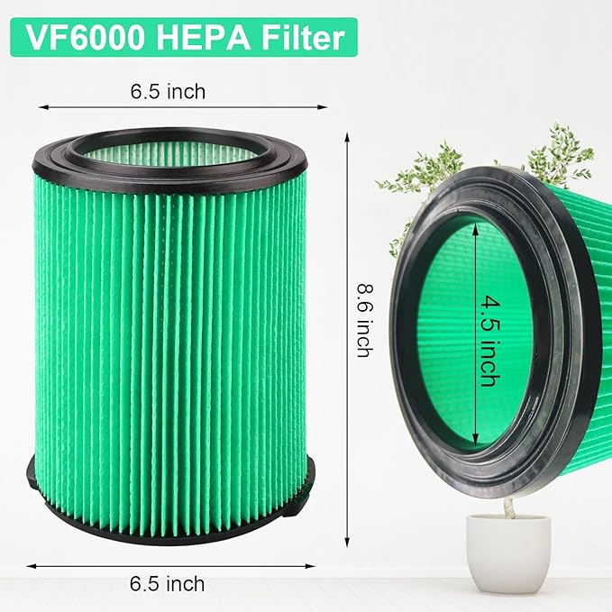 VF6000 Replacement Filter for Rigid, Compatible with 5-20 Gallon Wet/Dry Vacuums WD5500 WD0671 WD6425 WD7000 WD1280 WD1851 WD1680 WD1956 RV2400A 1400RV RV2600B, Fit for Husky 6-9 Gallon Vacs (2 Pack) - AquaVibe