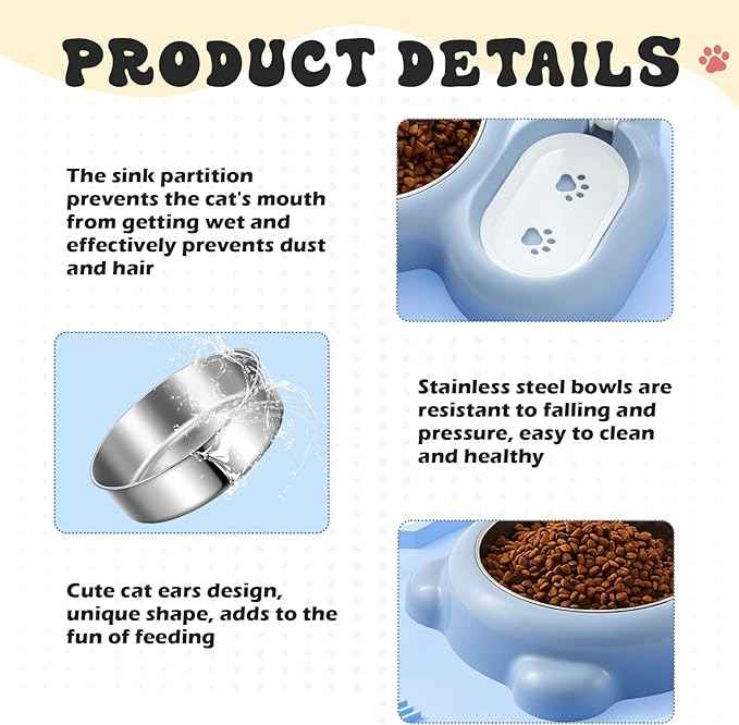 Blue Cat Food and Water Bowl and Non-Slip Silicone Mat Set Stainless Steel Food Bowl with 18.6oz Large Capacity Water Dispenser for Cats and Small Dogs