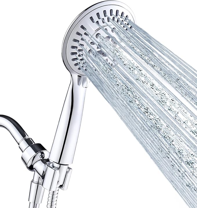 BRIGHT SHOWERS 9 Spray Settings Shower Head with Handheld High Pressure Chrome Hand Held Showerhead with 60 Inch Stainless Steel Hose and Adjustable Overhead Bracket - AquaVibe
