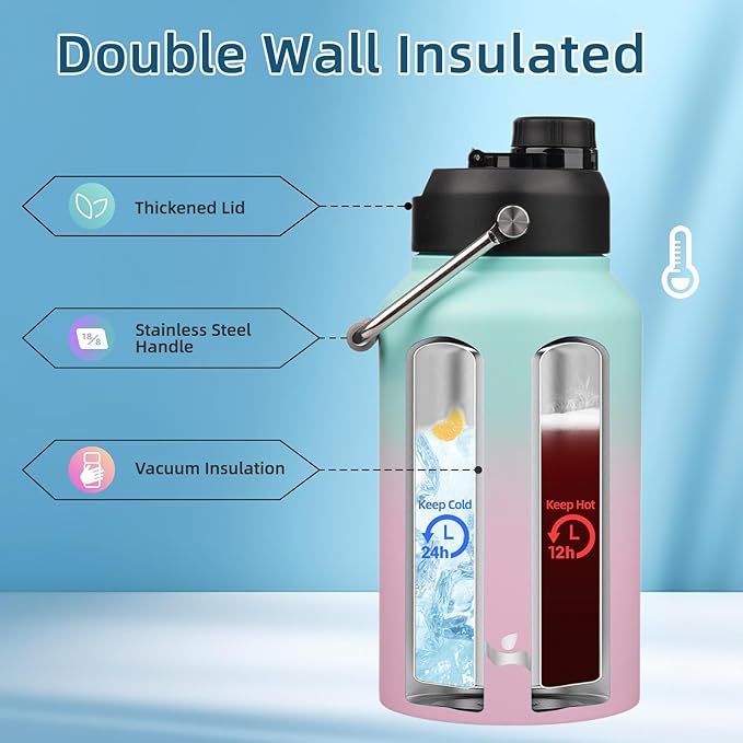 Jug with Handle,87 oz Insulated Water Bottle with Carrying Pouch, Double Wall Vacuum Stainless Steel Metal Bottle,Gum