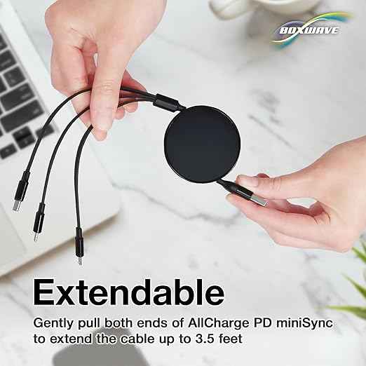BoxWave Cable Compatible with LARQ Bottle PureVis 17 oz - AllCharge PD miniSync (100W), Retractable High-Speed Charging Portable USB Cable - Jet Black