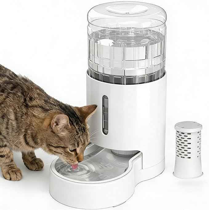 Cat Water Dispenser with Filter and Stainless Steel Bowl, Automatic Gravity Water Dispenser for Cats or Small Medium Size Dogs, Large Capacity, Easy to Clean and Safe for Pets (4L White)