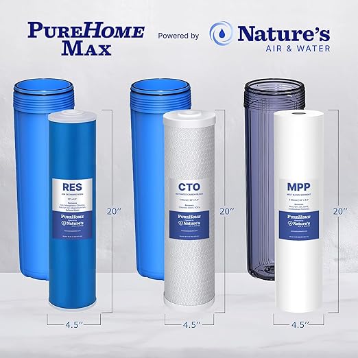 PureHome Max Whole House 3-Stage Water Filtration System – Reduces Chlorine, Heavy Metals & Sediment – High Flow Home Water Filter for City & Well Water