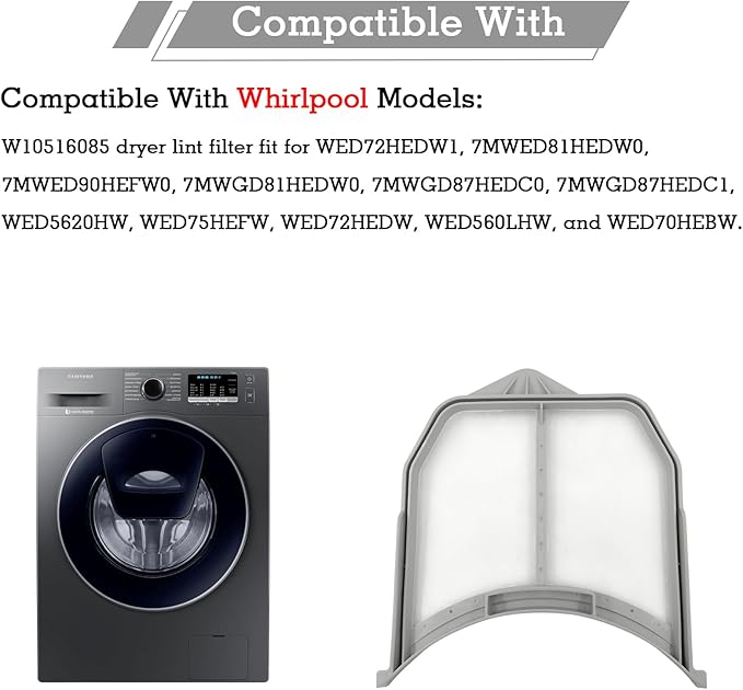 W10516085 Dryer Lint Filter, Compatible with Whirlpool Dryer Filter Lint Screen, Replaces W10211906 W10370972 PS11755878 WPW10516085 3188345 AP6022545 EAP11755878