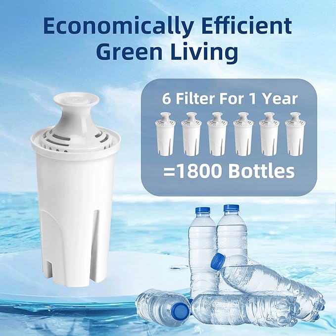 Water Filter Replacement For Brita Pitcher, Large Dispenser, Reduce Chlorine, BPA-Free, Compatible with Brita Classic Ob03, 35557, Mavea 107007, 6 Pack