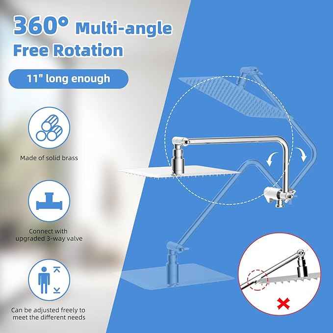 All Metal Shower Head, 8" High Pressure Rainfall/Handheld Shower Combo with 11" Extension Arm, 10-Spray Handheld Showerhead, 71" Long Hose, 3-Way Diverter Valve, Chrome