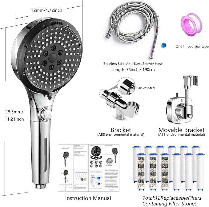 Filtered Shower Head with Handheld - High Pressure 6 Spray Modes Showerhead with Filters, Shower Head With Movable Bracket & 75" Anti-Burst Hose | 12 Replaceable Water Softener Filters for Hard Water