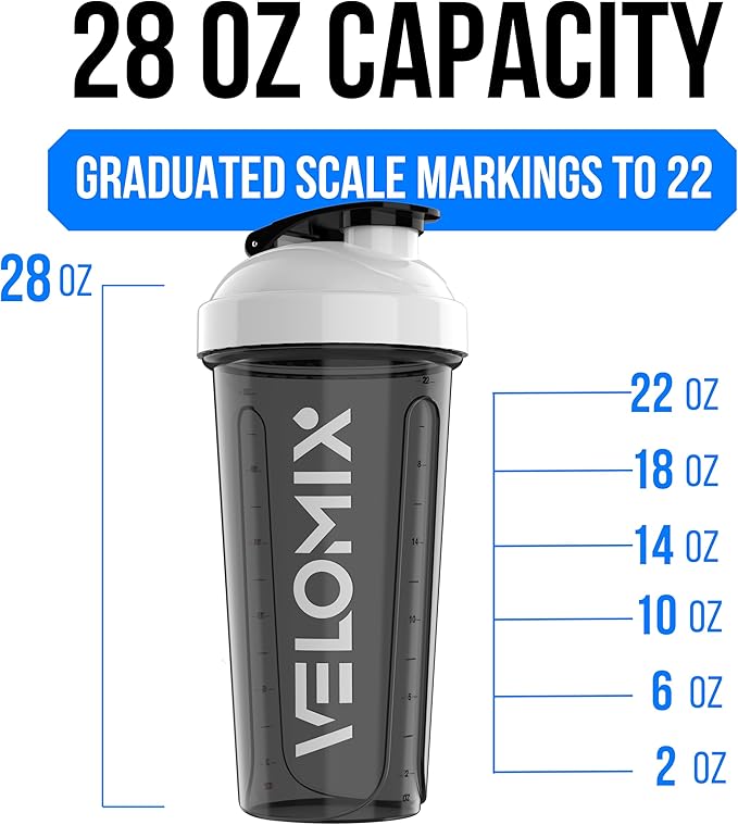 VELOMIX -2 Pack- 28 oz Protein Shaker Bottles for Protein Mixes - 2x Wire Whisk | Leak Proof Shaker Cups for Protein Shakes | Protein Shaker Bottle Pack (Black/White)
