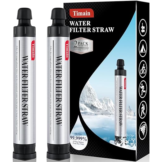 2 Pack Timain 4-Stage Filtration,High Flow Rate Water Filter Straw,Water Purifier Survival for Emergency Kits,Travel,Camping, Hiking,Fishing,Hunting (2)