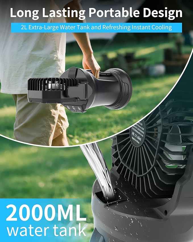 AVV Portable Misting Fan with RGB Ambient Light- 2L Water Tank, 4 Speeds & Spray Mist Fan, 30000mAh Rechargeable Misting Fans for Outdoor/Indoor Fans for Camping, Patio, Garden, Black