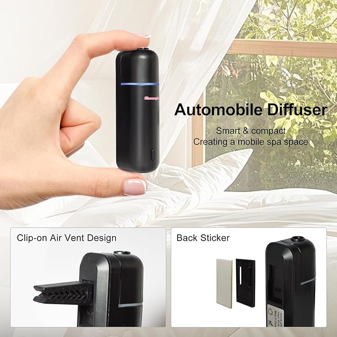 Car Air Freshener Diffuser, Motion Sensor Waterless Essential Oil Diffuser for Car USB Rechargeable Air Freshener with 6 Refill Scents（Hilton/Sandwood/WhiteTea/Diamond/GreenBamboo/Pachuli