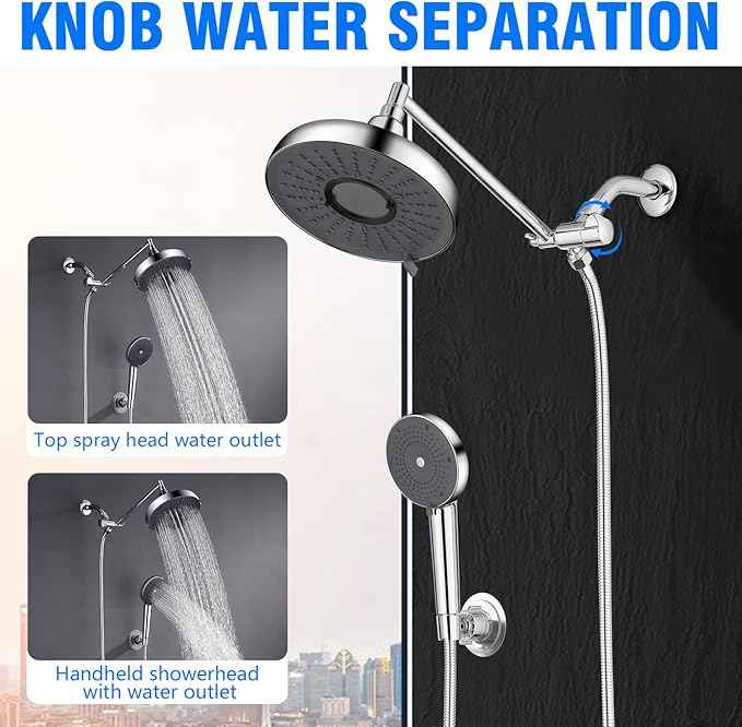 Rain Shower Head with Filter and Handheld, 8 Inch High Pressure and 3 Spray Modes Shower Head, Dual Showerhead Set with Extension Arm and 60 Inch Shower Hose, Shower Head Filter for Hard Water, Chrome
