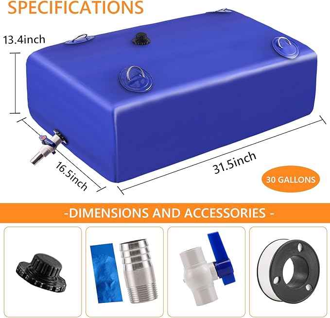 Water Tank, 30 Gallon Water Storage Bladder, Foldable Portable Water Storage, Large Water Storage Containers with 3/4" PVC Spigot and Hose Kit for Camping, Garden, Emergency Water Bag