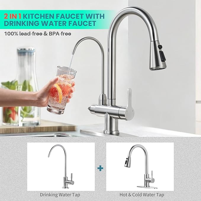 Kitchen Faucet with Water Filter Faucet, Brushed Nickel Stainless Steel Drinking Water Faucet, High Arc 2 Handle Kitchen Sink Faucet with Pull Down Sprayer for Kitchen Sink Farmhouse Bar