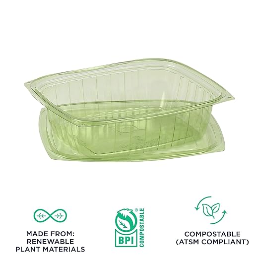 ECO PRODUCTS Compostable 24oz Rectangular Deli Containers With Lids, Case of 200, Veridian Clear Green Meal Prep, Made from PLA, A Renewable Material Made from Plants, One Lid Fits All