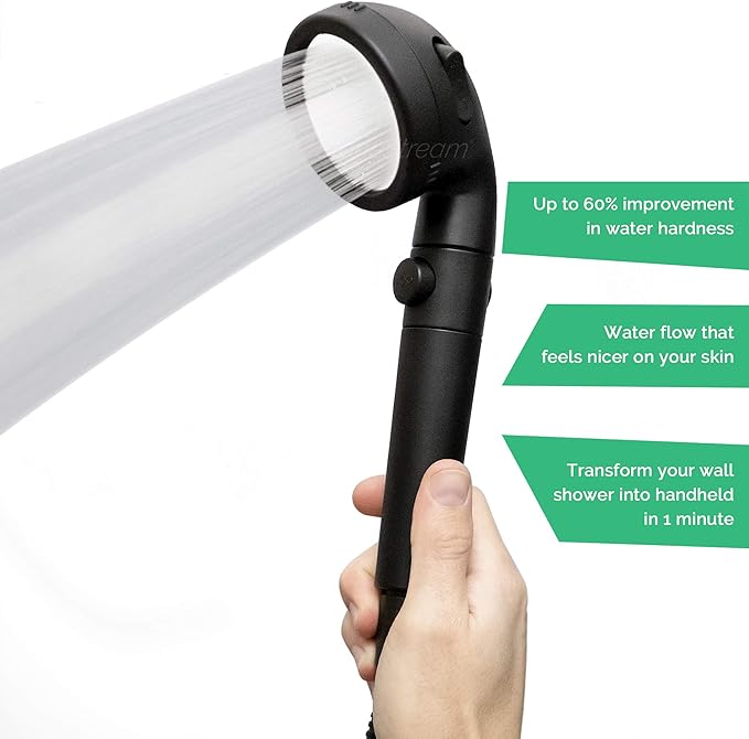 Original StoneStream® EcoPower Shower Head System — Spa Like Ionic Vitamin C Filter to Soften Water, Increase Pressure & Save Water — Showerhead + 4-in-1 Wall Adapter Kit — Matte Black
