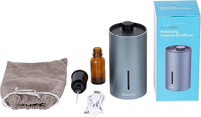 BlueHills Waterless Diffuser Cordless Car Essential Oil Aroma for Essential Oils Large Room Portable USB Travel Hotel Home Long Run Timer Compact Battery-Operated Small Diffusers - J02 Silver Gray
