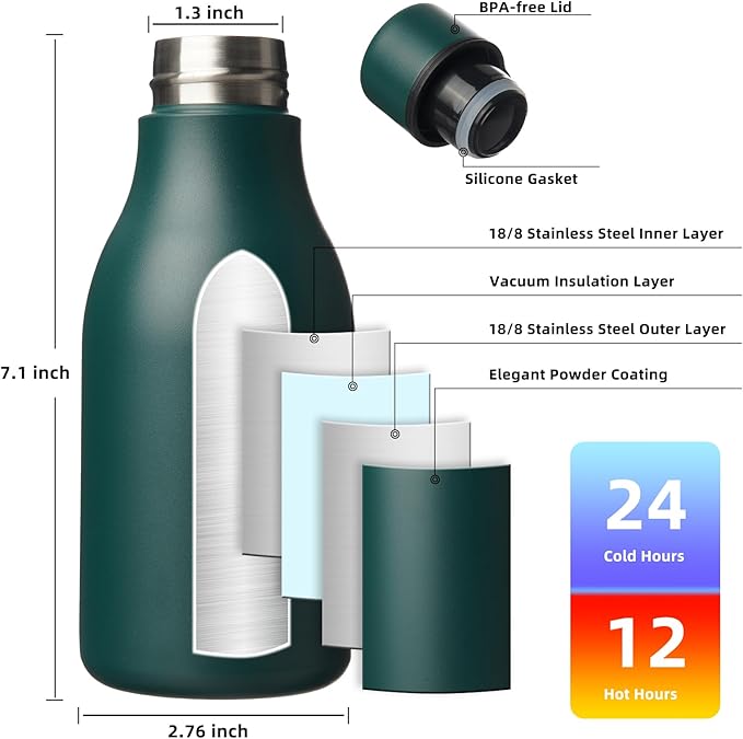BJPKPK Insulated Water Bottles, 12oz Stainless Steel Metal Water Bottle with Strap, BPA Free Leak Proof Jugs, Mugs, Flasks, Reusable Thermal Flasks for Sports & Travel, Army Green